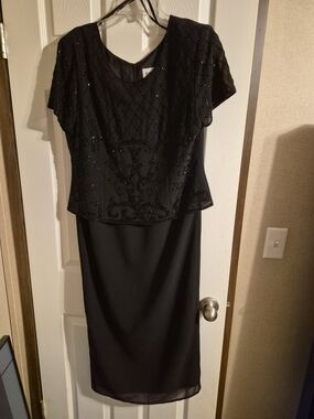R&M Richards Black Beaded Asymmetrical Overlay Dress